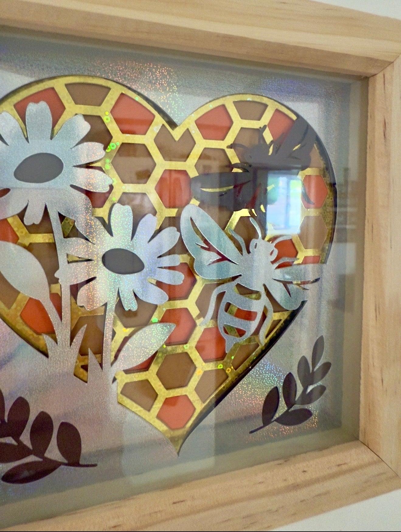 Bee and Honeycomb Heart Shadow Box – 20cm Handmade Papercut Wall Art with Pine Effect Frame