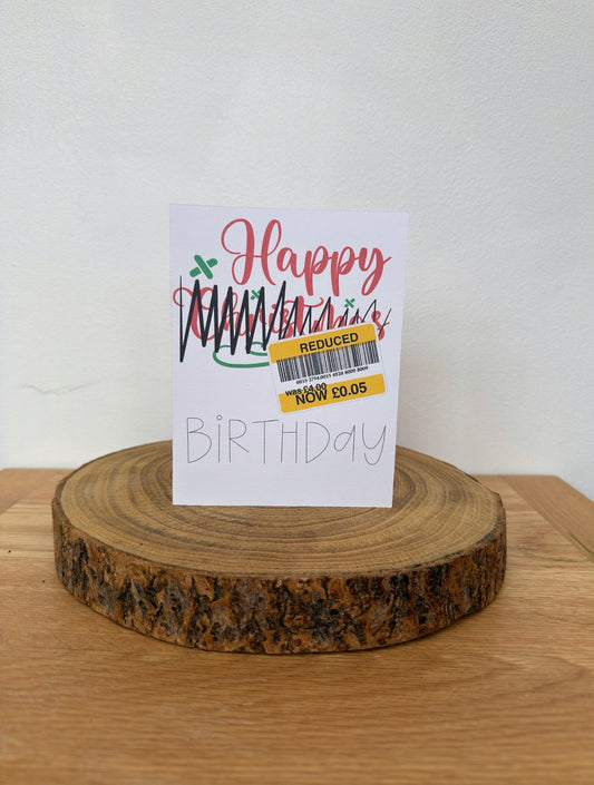 Happy Christmas (Oops!) Birthday Card – Joke Reduced Sticker