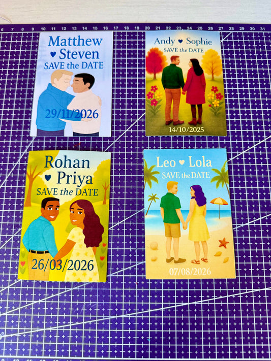 Personalised Magnetic Save the Date – Illustrated Wedding Magnets (Set of 4, 7x10cm, Gloss Finish)