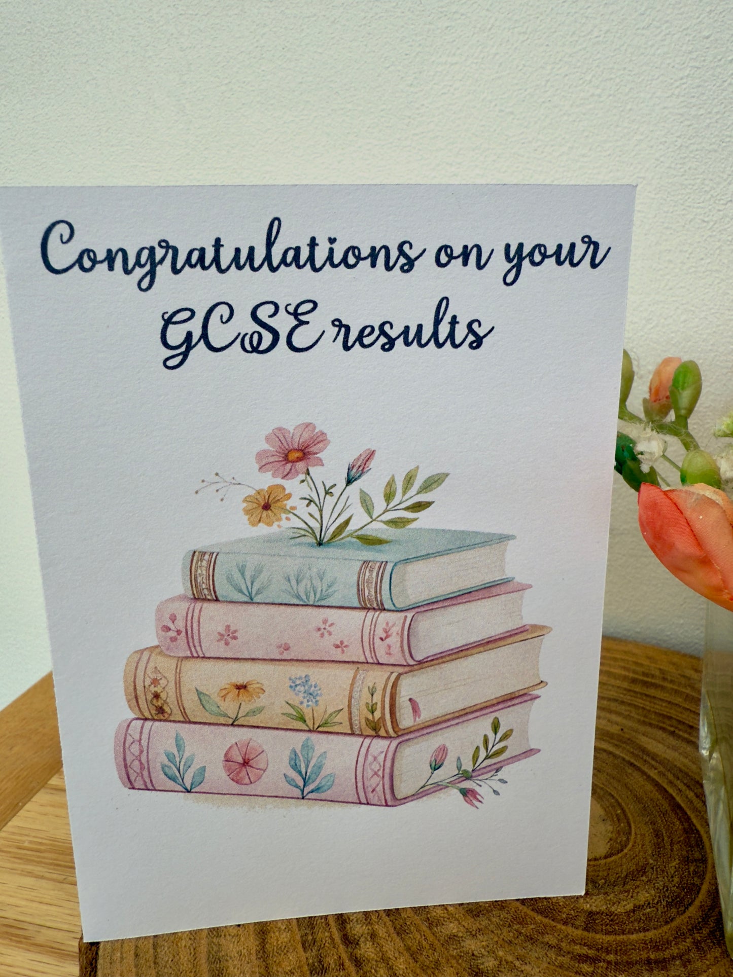 Congratulations on Your GCSE Results – Printed Card with Pastel Books & Florals