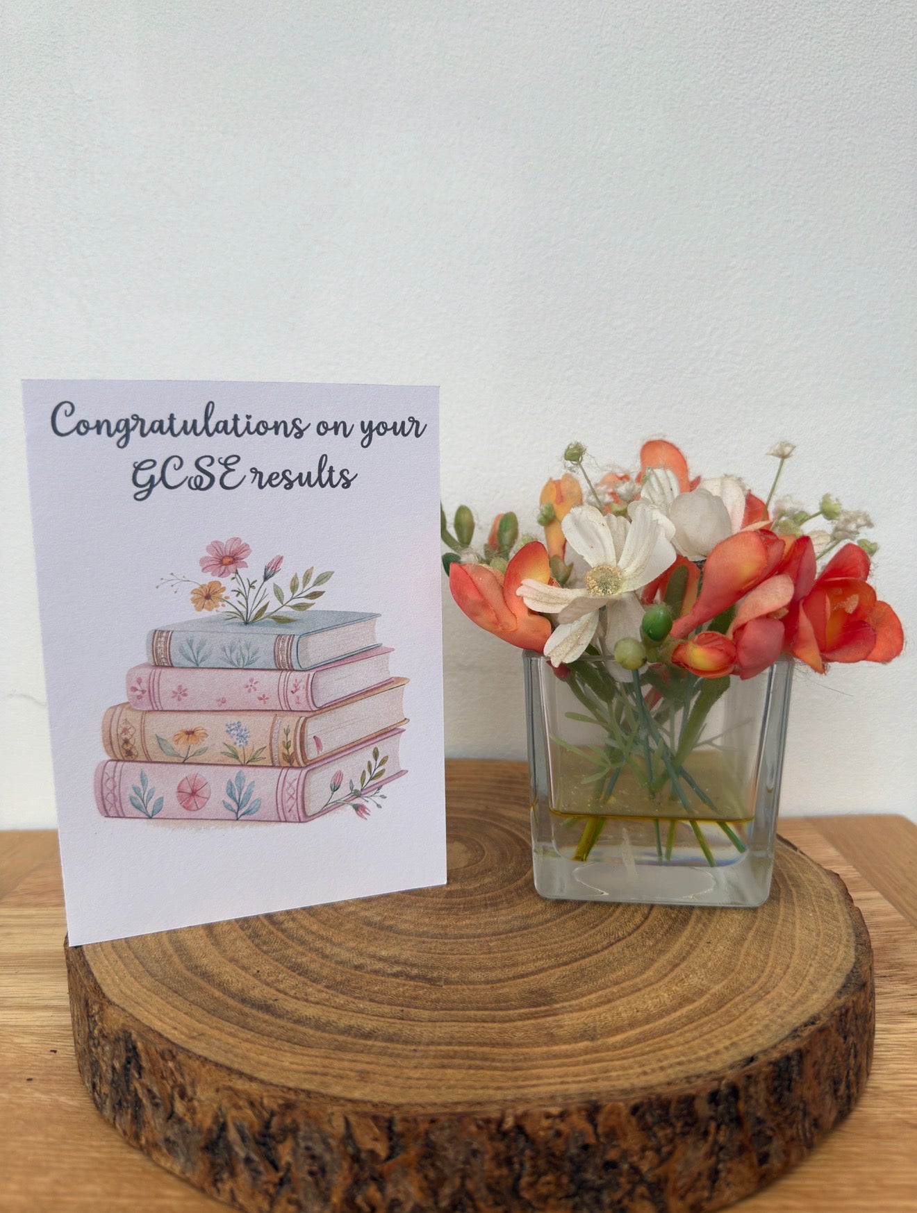 Congratulations on Your GCSE Results – Printed Card with Pastel Books & Florals