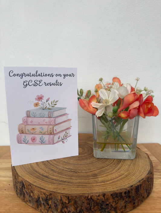 Congratulations on Your GCSE Results – Printed Card with Pastel Books & Florals