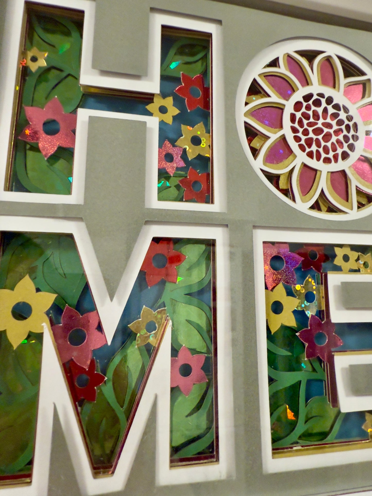 "HOME" with Sunflower – 3D Shadow Box Frame with Holographic Shine