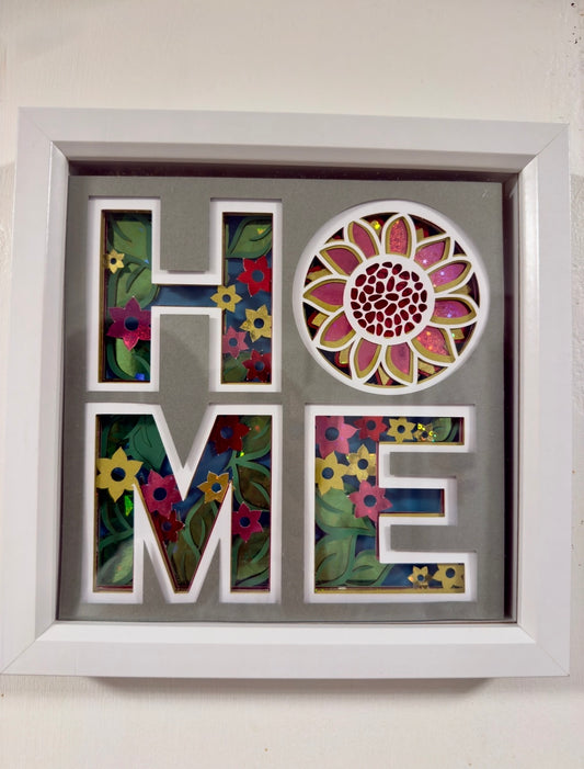"HOME" with Sunflower – 3D Shadow Box Frame with Holographic Shine