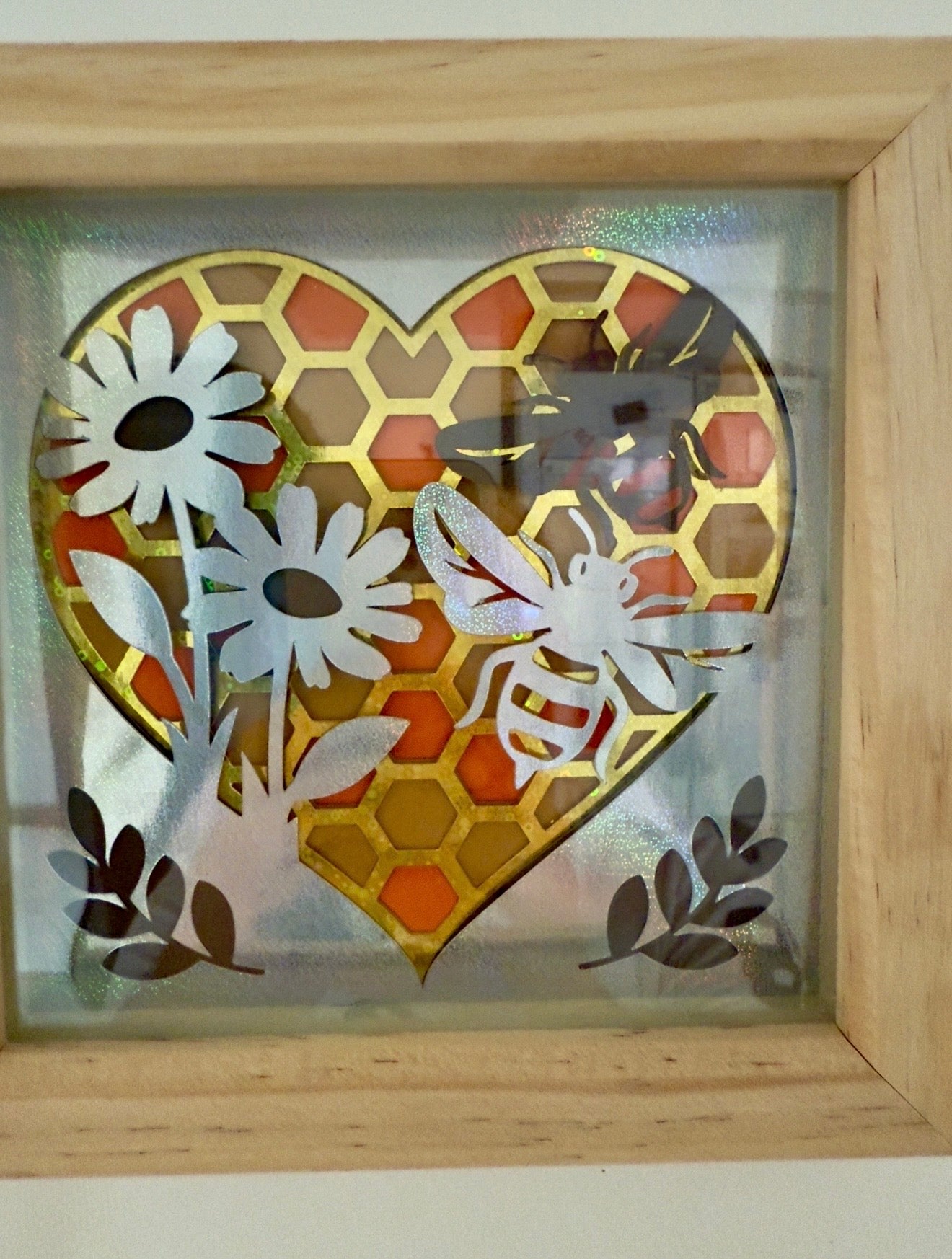 Bee and Honeycomb Heart Shadow Box – 20cm Handmade Papercut Wall Art with Pine Effect Frame